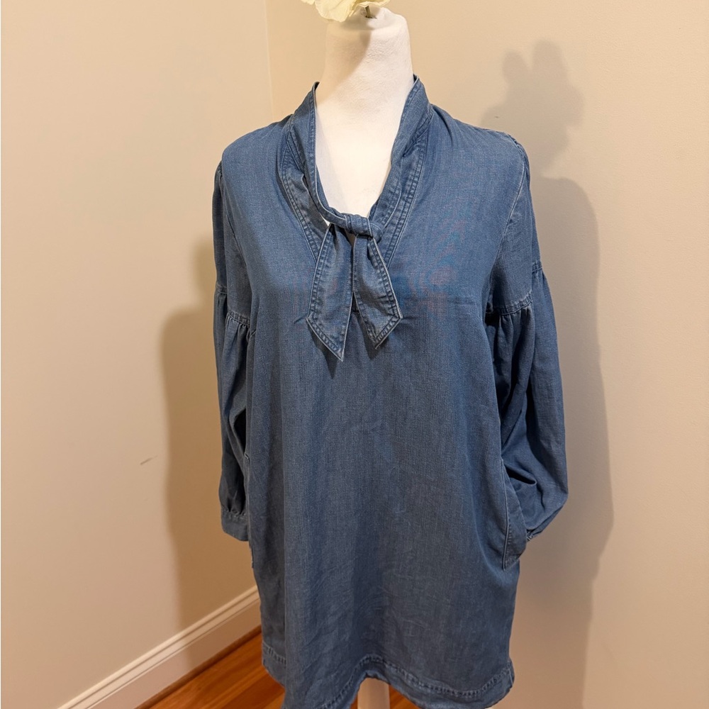 LOFT Blue Denim Dress with Tie Detail